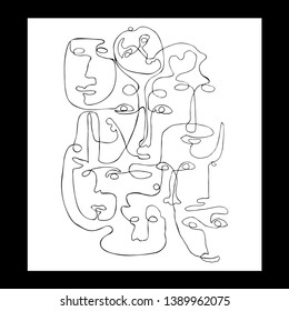 Modern poster with linear abstract faces. Continuous line art. One line drawing. Minimalist graphic.  