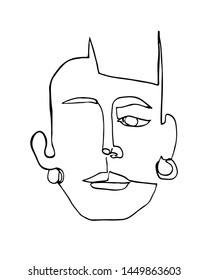 Modern poster with linear abstract woman face with earrings. Continuous line art. One line drawing. Minimalist graphic.  