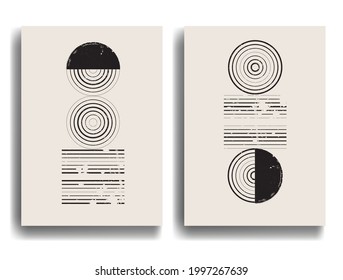 Modern poster with minimalist design elements . Grunge textured circle and arch in Boho style  . Wall art , home deco . Vector abstract shape.