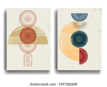 Afiche moderno con elementos de diseño minimalista. Grunge el círculo texturado y el arco al estilo Boho . Arte mural, deco doméstico. Forma abstracta del vector.