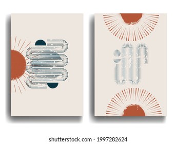 Modern poster with minimalist design elements . Grunge textured circle and arch in Boho style  . Wall art , home deco . Vector abstract shape.