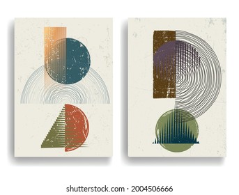 Modern poster with minimalist design elements . Grunge textured circle and arch in Boho style  . Wall art , home deco . Vector abstract shape.