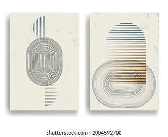 Modern poster with minimalist design elements . Grunge textured circle and arch in Boho style  . Wall art , home deco . Vector abstract shape.