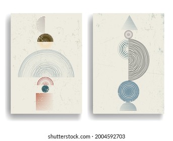 Afiche moderno con elementos de diseño minimalista. Grunge el círculo texturado y el arco al estilo Boho . Arte mural, deco doméstico. Forma abstracta del vector.