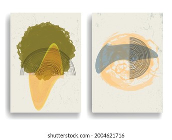 Afiche moderno con elementos de diseño minimalista. Grunge el círculo texturado y el arco al estilo Boho . Arte mural, deco doméstico. Forma abstracta del vector.