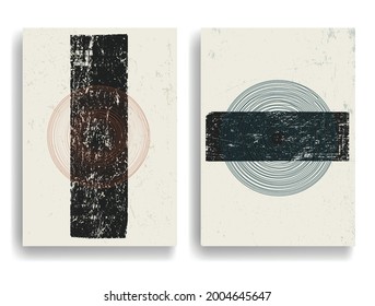 Modern poster with minimalist design elements . Grunge textured circle and lines in Boho style  . Wall art , home deco . Vector abstract shape.