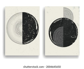 Modern poster with minimalist design elements . Grunge textured circle and lines in Boho style  . Wall art , home deco . Vector abstract shape.
