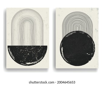 Modern poster with minimalist design elements . Grunge textured circle and lines in Boho style  . Wall art , home deco . Vector abstract shape.