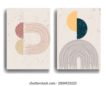 Modern poster with minimalist design elements . Grunge textured circle and arch in Boho style  . Wall art , home deco . Vector abstract shape.
