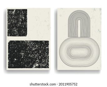 Modern poster with minimalist design elements . Grunge textured circle and lines in Boho style  . Wall art , home deco . Vector abstract shape.