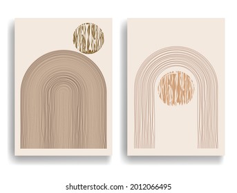 Afiche moderno con elementos de diseño minimalista. Grunge el círculo texturado y el arco al estilo Boho . Arte mural, deco doméstico. Forma abstracta del vector.