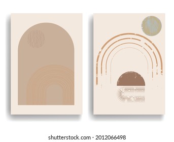 Afiche moderno con elementos de diseño minimalista. Grunge el círculo texturado y el arco al estilo Boho . Arte mural, deco doméstico. Forma abstracta del vector.