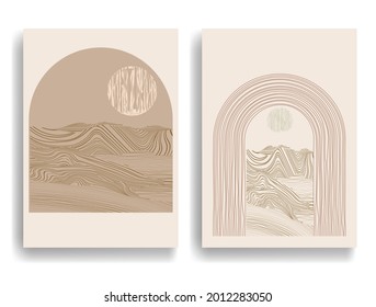 Modern poster with minimalist design elements . Windows and arch in Boho style  . Wall art , home deco . Vector abstract shape.
