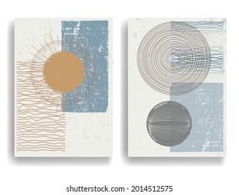Modern poster with minimalist design elements . Grunge textured circles in Boho style  . Wall art , home deco . Vector abstract shape.