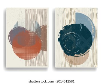 Modern poster with minimalist design elements . Grunge textured circles in Boho style  . Wall art , home deco . Vector abstract shape.