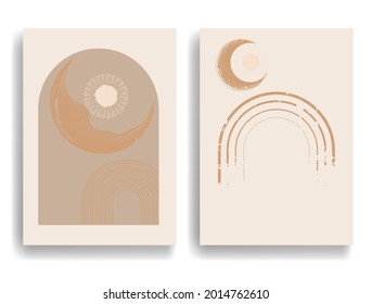 Afiche moderno con elementos de diseño minimalista. Luna y arco de textura grunge al estilo Boho . Arte mural, deco doméstico. Forma abstracta del vector.