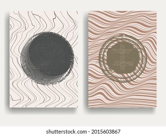 Modern poster with minimalist design elements . Grunge textured circles in Boho style  . Wall art , home deco . Vector abstract shape.