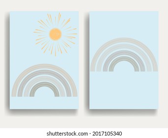 Modern poster with minimalist design elements . Watercolor rainbow and sun in Boho style  . Wall art , home deco . Vector abstract shape.