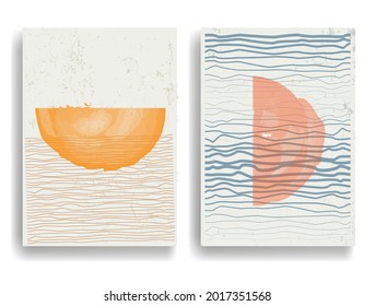 Modern poster with minimalist design elements . Grunge textured circles in Boho style  . Wall art , home deco . Vector abstract shape.