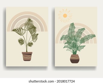 Modern poster with minimalist design elements . Watercolor rainbow, leaves and sun in Boho style  . Wall art , home deco . Vector abstract shape.