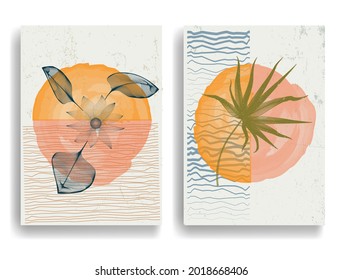 Modern poster with minimalist design elements . Grunge textured circles in Boho style  . Wall art , home deco . Vector abstract shape.