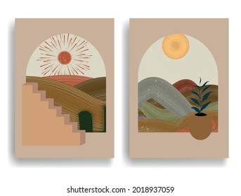 Modern poster with minimalist design elements . Windows and arch in Boho style  . Wall art , home deco . Vector abstract shape.