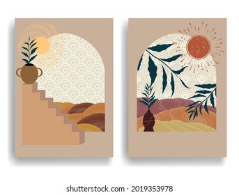 Modern poster with minimalist design elements . Windows and arch in Boho style  . Wall art , home deco . Vector abstract shape.
