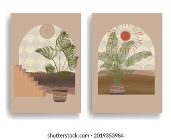 Afiche moderno con elementos de diseño minimalista. Ventanas y arco al estilo Boho . Arte mural, deco doméstico. Forma abstracta del vector.