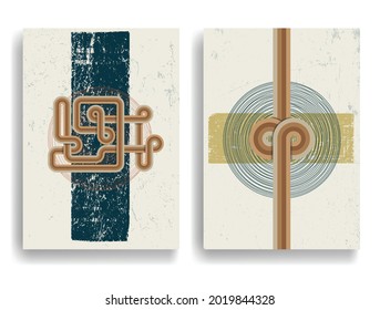Afiche moderno con elementos de diseño minimalista. Líneas retro y círculos grunge texturados al estilo Boho . Arte mural, deco doméstico. Forma abstracta del vector.
