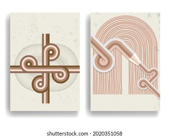 Modern poster with minimalist design elements . Retro lines and grunge textured circles in Boho style  . Wall art , home deco . Vector abstract shape.