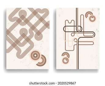 Modern poster with minimalist design elements . Retro lines and grunge textured circles in Boho style  . Wall art , home deco . Vector abstract shape.