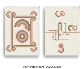 Afiche moderno con elementos de diseño minimalista. Líneas retro y círculos de textura gruesa al estilo Boho . Arte mural, deco doméstico. Forma abstracta del vector.