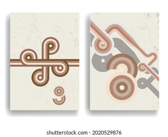 Modern poster with minimalist design elements . Retro lines and grunge textured circles in Boho style  . Wall art , home deco . Vector abstract shape.