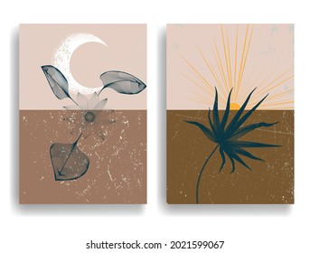 Modern poster with minimalist design elements . Grunge textured circles in Boho style  . Wall art , home deco . Vector abstract shape.