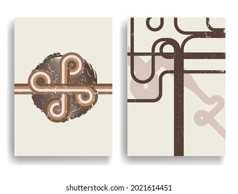 Afiche moderno con elementos de diseño minimalista. Líneas retro y círculos de textura gruesa al estilo Boho . Arte mural, deco doméstico. Forma abstracta del vector.