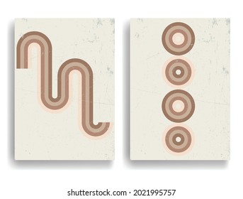 Modern poster with minimalist design elements . Retro lines and grunge textured circles in Boho style  . Wall art , home deco . Vector abstract shape.