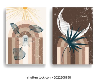 Modern poster with minimalist design elements . Grunge textured circles in Boho style  . Wall art , home deco . Vector abstract shape.