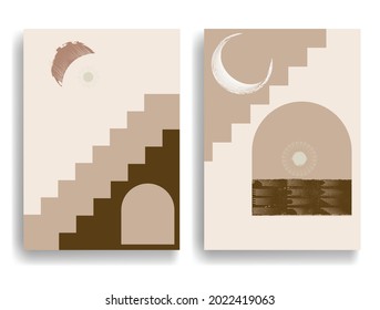 Modernes Plakat mit minimalistischen Design-Elementen. Grunge strukturierter Mond und Bogen im Boho-Stil. Wall Art , Home Deco . Abstrakte Vektorform.