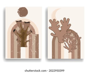 Modern poster with minimalist design elements . Grunge textured circles in Boho style  . Wall art , home deco . Vector abstract shape