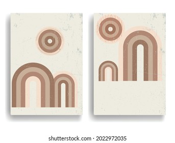 Modern poster with minimalist design elements . Retro lines and grunge textured circles in Boho style  . Wall art , home deco . Vector abstract shape.