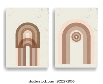 Modern poster with minimalist design elements . Retro lines and grunge textured circles in Boho style  . Wall art , home deco . Vector abstract shape.