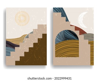 Modern poster with minimalist design elements . Window and arch in Boho style  . Wall art , home deco . Vector abstract shape.