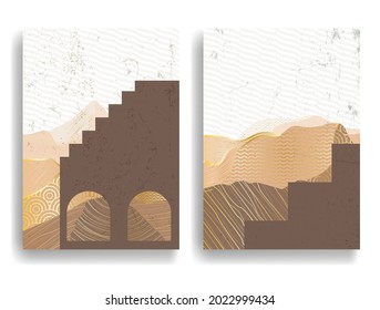Afiche moderno con elementos de diseño minimalista. Ventana y arco al estilo Boho . Arte mural, deco doméstico. Forma abstracta del vector.