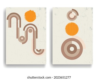 Modern poster with minimalist design elements . Retro lines and grunge textured circles in Boho style  . Wall art , home deco . Vector abstract shape.