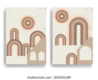 Modern poster with minimalist design elements . Retro lines and grunge textured circles in Boho style  . Wall art , home deco . Vector abstract shape.