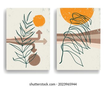 Modern poster with minimalist design elements . Retro lines and leaves in Boho style  . Wall art , home deco . Vector abstract shape.