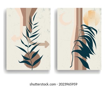 Modern poster with minimalist design elements . Retro lines and leaves in Boho style  . Wall art , home deco . Vector abstract shape.