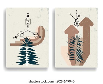 Afiche moderno con elementos de diseño minimalista. Líneas y hojas retro al estilo Boho . Arte mural, deco doméstico. Forma abstracta del vector.