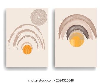 Modern poster with minimalist design elements . Watercolor rainbow and arch in Boho style  . Wall art , home deco . Vector abstract shape.