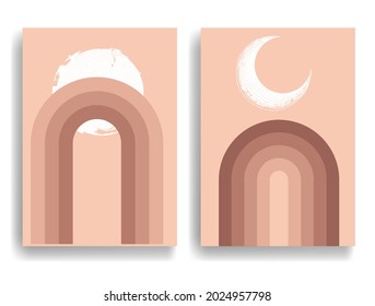 Modern poster with minimalist design elements . Retro lines and grunge textured circles in Boho style  . Wall art , home deco . Vector abstract shape.